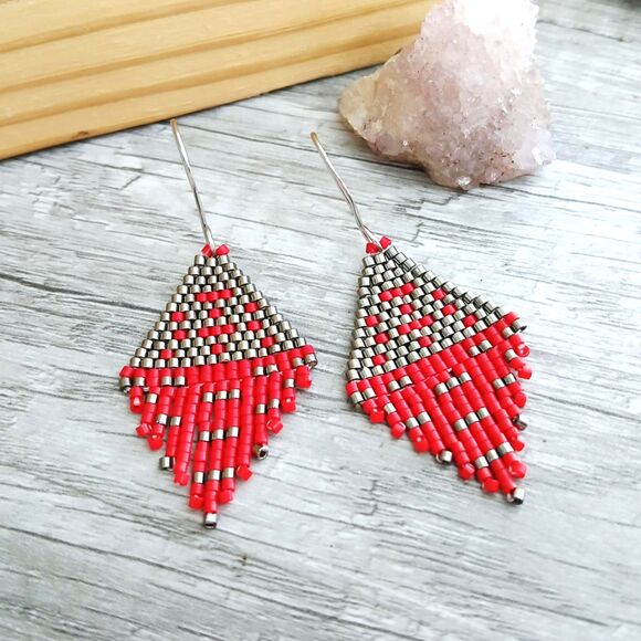 Boho Chic Beaded Fringe Dangle Earrings, Red & Grey Seed Bead Jewelry, 2" - Picture 8 of 8